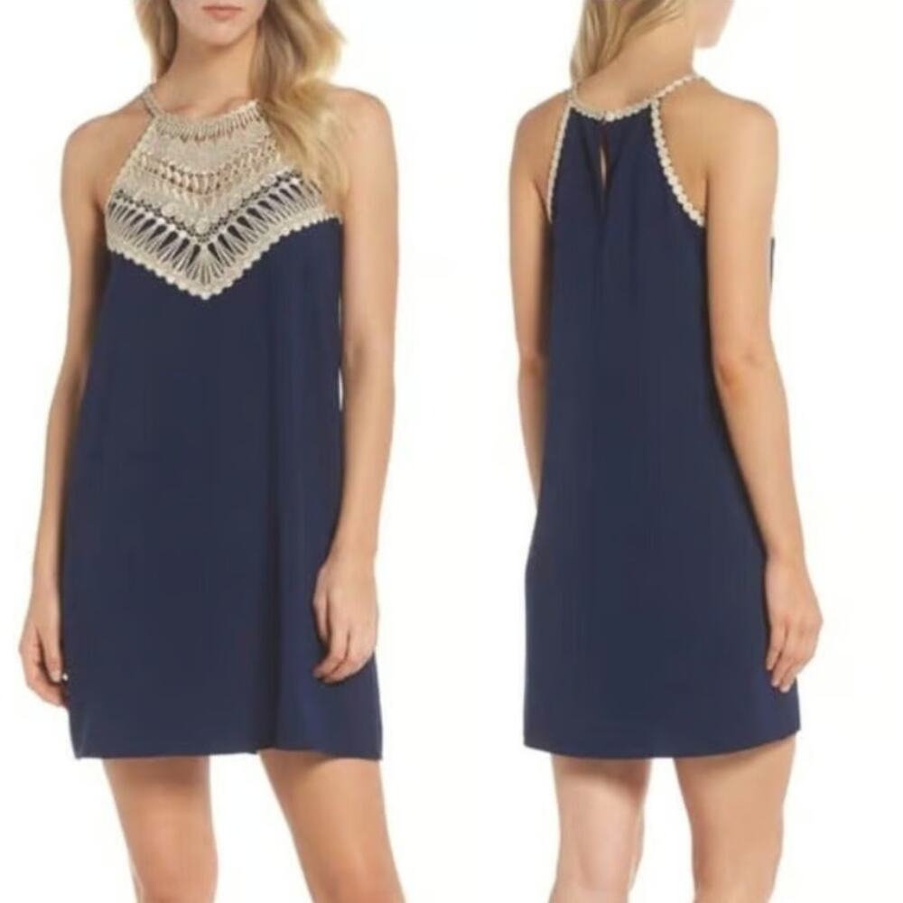 Lilly Pulitzer Women Crochet Pearl Halter Soft Shift Mini Dress Size 4 Blue Gold